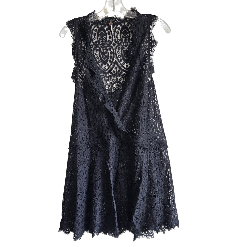Free People XS Lace Mini Dress Women Black Excellent Sleeveless V-Neck Boho